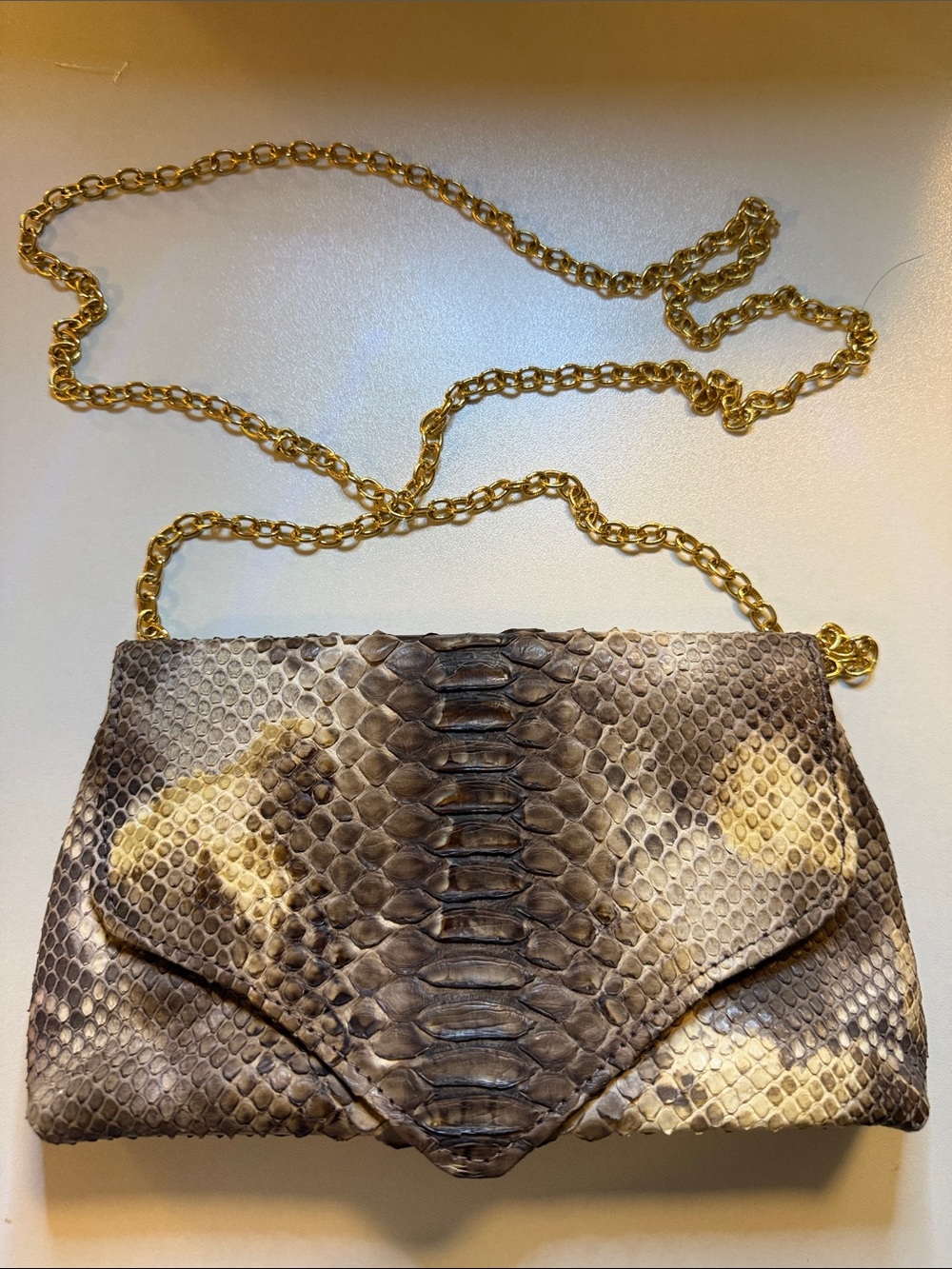 Kemestry Python-Texture Envelope Clutch with Gold Chain - Brown & Cream